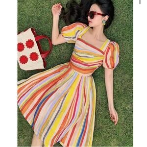 Mr. Water Yellow & Orange Rainbow Stripe Puff Sleeve Milkmaid Fit Flare Dress
